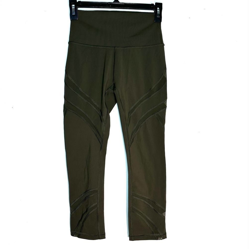 Lululemon Train Times Crop 21 Leggings Olive Green Mesh High Rise Size‎ 4